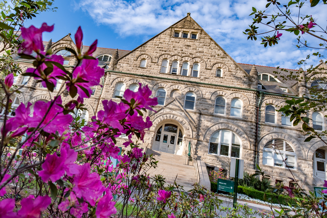 Gibson Hall with azaleas, April 2021